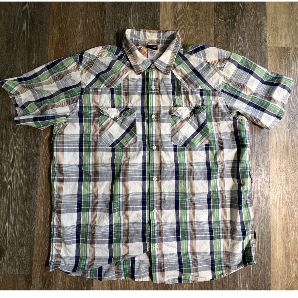 Patagonia Shirt Mens XL Green Blue Plaid Organic Cotton‎ Short Sleeve Western